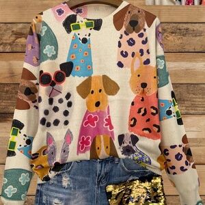 SHEIN Lightweight Comfy Sweater w/ Cartoon Dogs/Puppies, 1XL, NEW NWOT